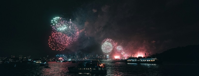 Fireworks above a shorline